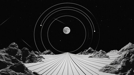 A black and white image of a moon and planets in space.