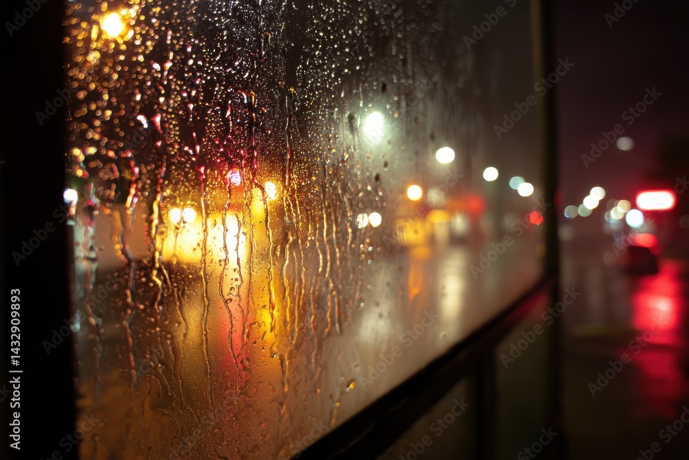 Poster moody night scene of a rainy city street viewed through a wet window with blurred lights creating a 