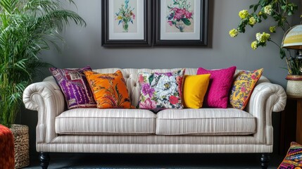 Elegant cream sofa with colorful throw pillows in a stylish living room.