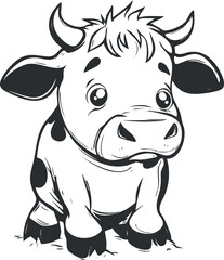 Cute cartoon illustration of a young cow calf with horns and big eyes in black and white