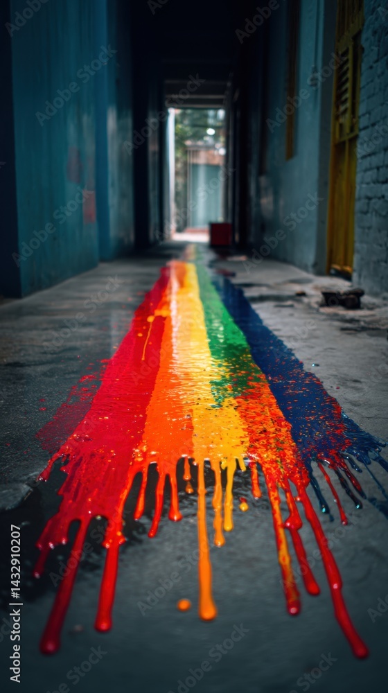 Poster vibrant rainbow paint streak splashed across urban alleyway floor creating colorful artistic express