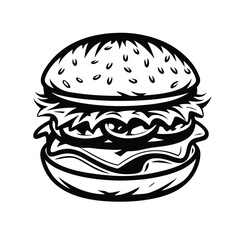 Burger Icon Outline, Fast Food, Meat, Lettuce, Tomato, Cheese, Bun, Isolated