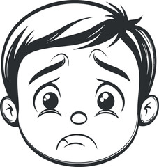Black and white cartoon illustration of a sad boy face with worried expression and furrowed eyebrows
