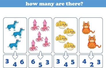 Counting game of wild animals for preschool kids. Printable. Vector Illustration