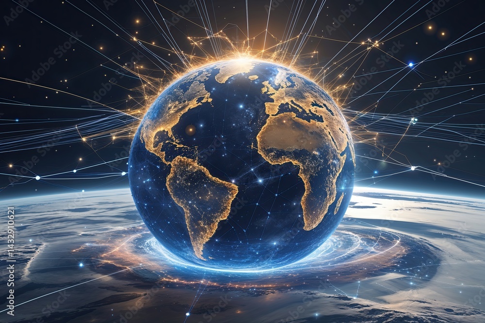Poster dynamic celestial sphere showcasing vibrant links to global information exchange