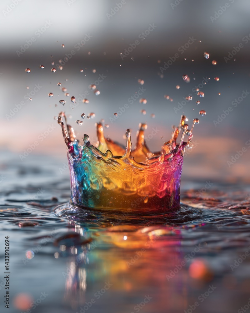 Aufkleber colorful water droplet crown splash in liquid surface with vibrant reflection and dynamic motion cre