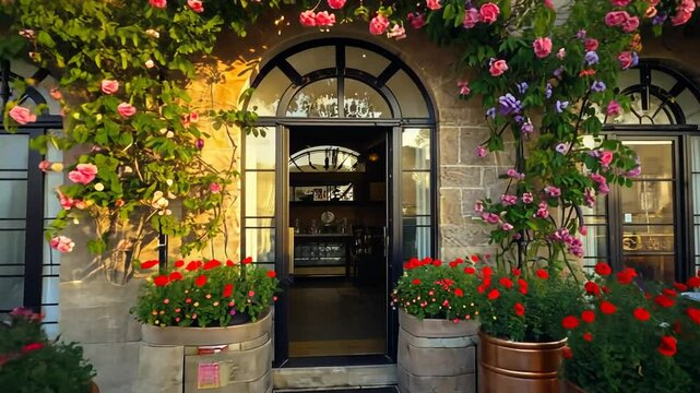 Restaurant facade with flowers.