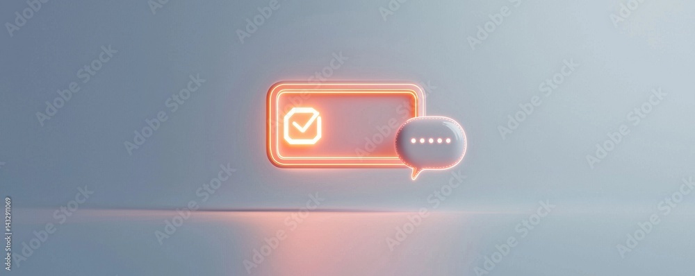 Poster a glowing confirmation button with a speech bubble on a minimalist background.