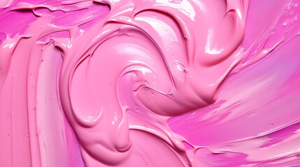 A pink and purple abstract painting with swirling patterns and a pink background.