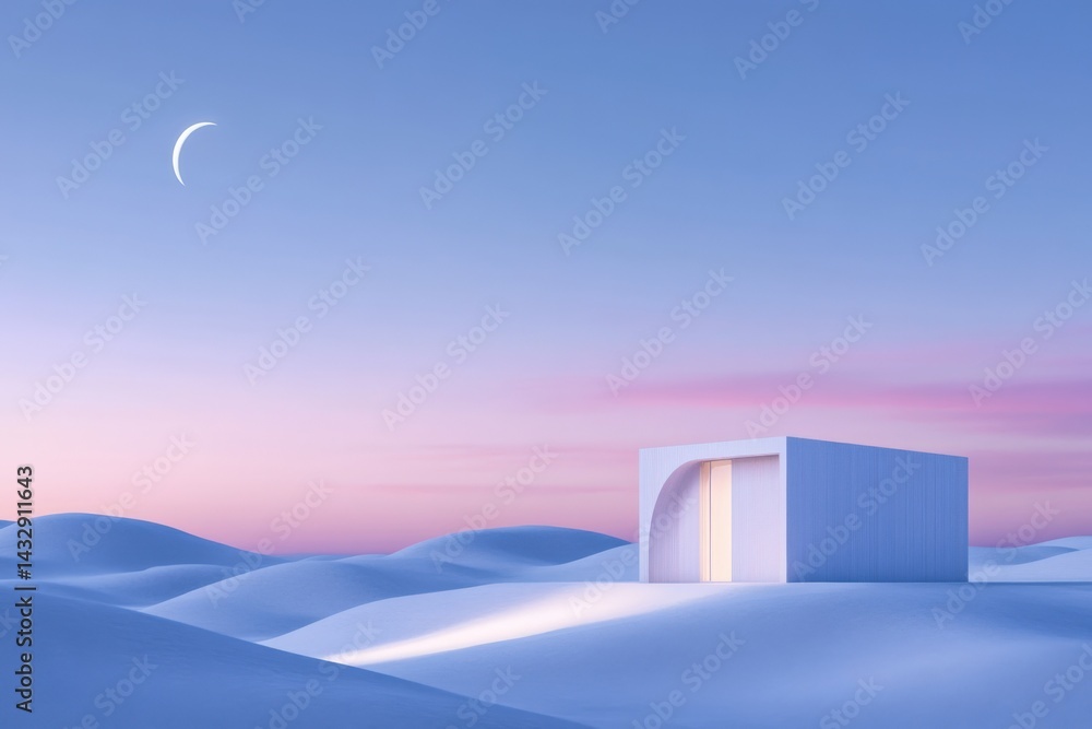Poster white cube structure in desert setting