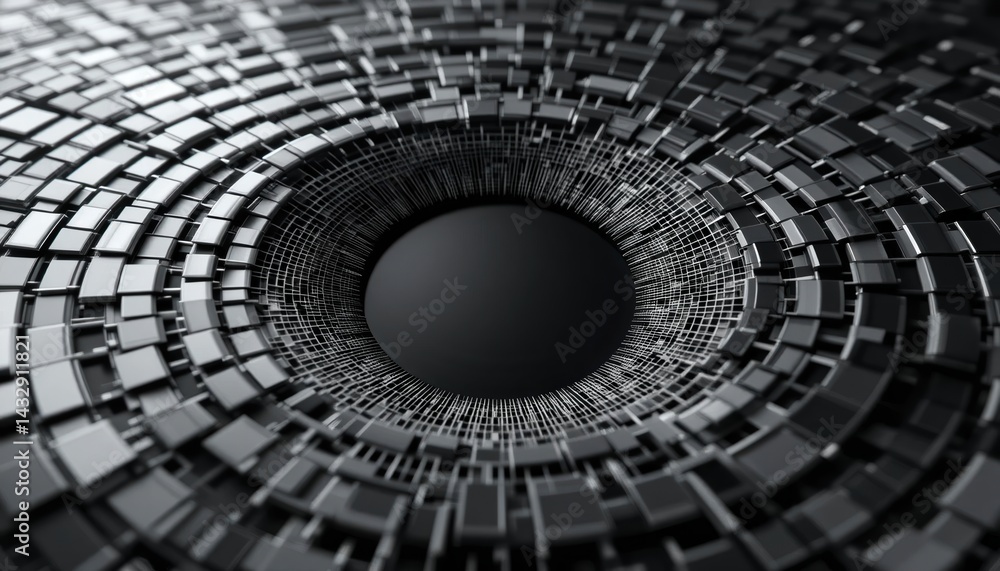 Poster dynamic geometric patterns emerge from dark sphere abstract digital art contemporary design high-tec