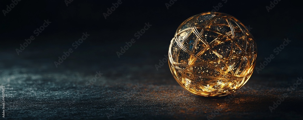 Poster a glowing orb displaying intricate connections and patterns in a dark environment.