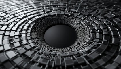 Dynamic geometric patterns emerge from dark sphere abstract digital art contemporary design high-tech environment close-up viewpoint