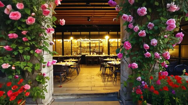 Restaurant facade with flowers.