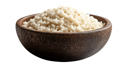 Bowl of white rice with natural texture isolated on white background