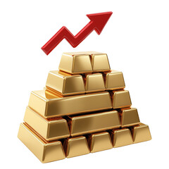 Upswing in precious metals with a pyramid of gold bullion against transparent space