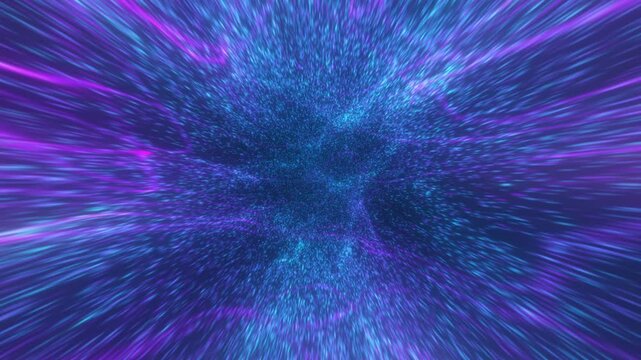 Digital futuristic tunnel or travel through time and space at high speed by moving bright neon lines of particles and bright dots. High technology corridor, warpspeed