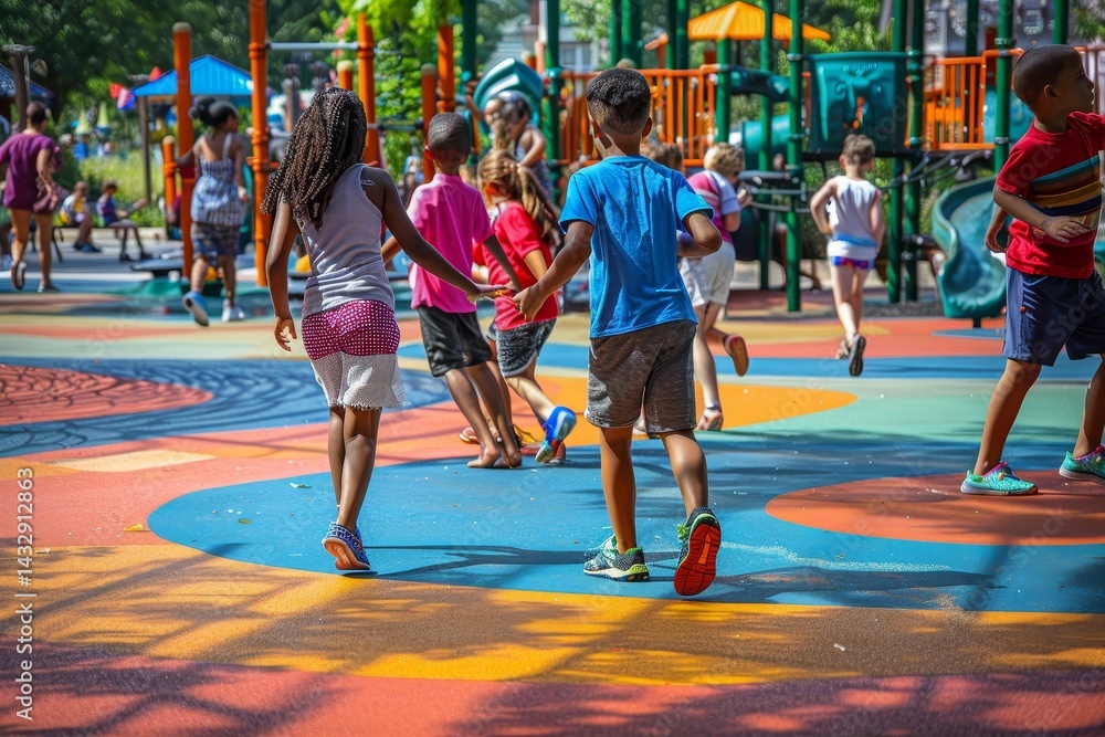 Poster kids enjoy a game of tag on a colorful playground surface, children playing a game of tag in a vibra
