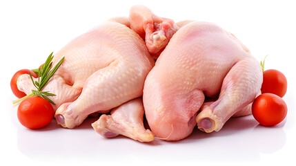 Two raw chicken legs with tomatoes and rosemary on a white background