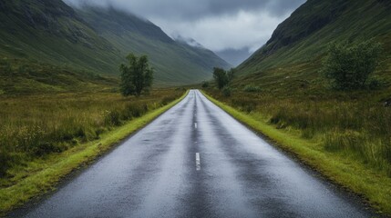 Naklejka premium Misty mountain road through lush valley