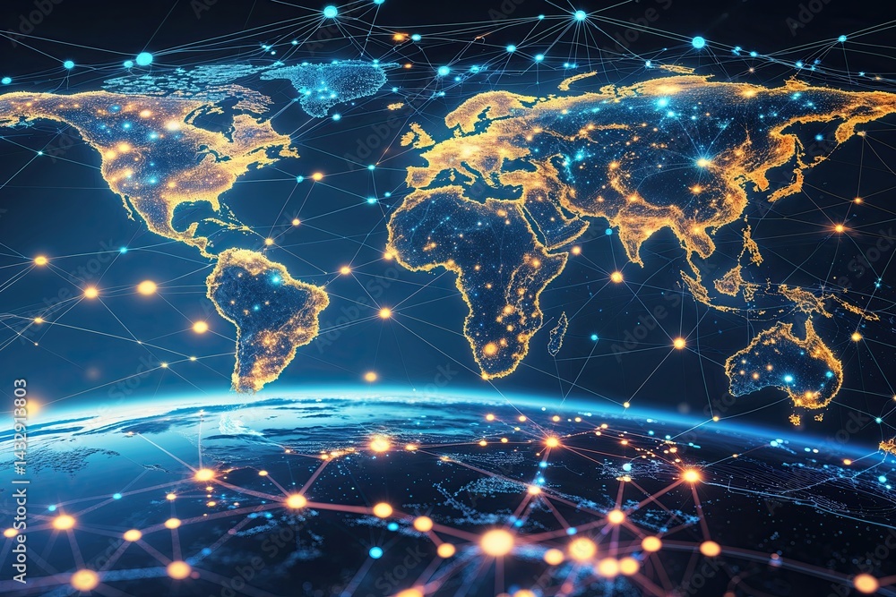 Aufkleber global network visualization highlighting digital connectivity and futuristic web landscape