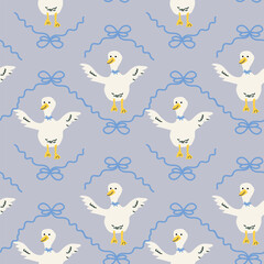 Charming cottage decor illustrated pattern with ducks and bows.