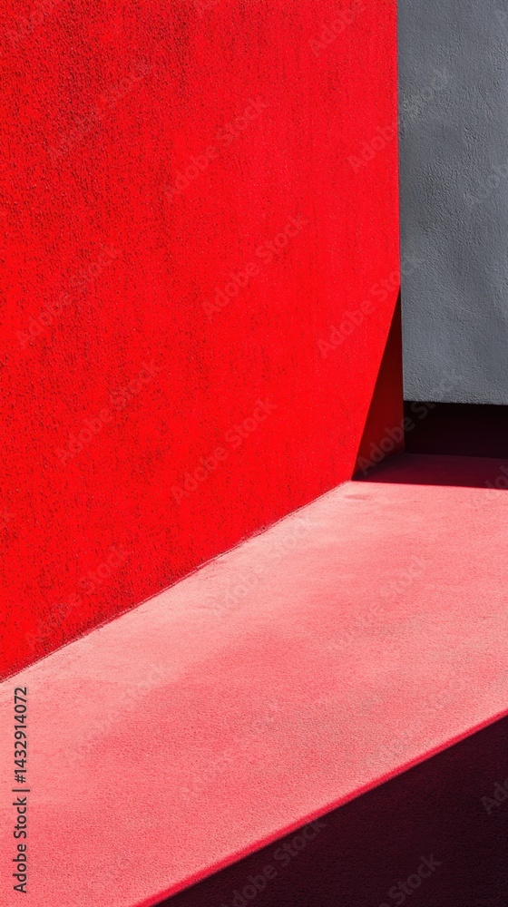 Poster vivid red wall meets gray concrete in stark contrast casting deep shadows creating a bold architectu