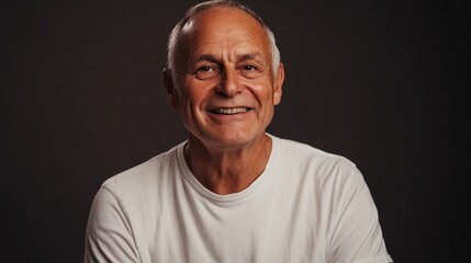 Fototapeta premium Smiling elderly man in casual white shirt poses confidently against a dark backdrop