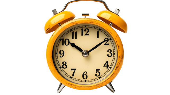 Bright yellow alarm clock with bold black numbers, perfect for time-related concepts isolated on white background