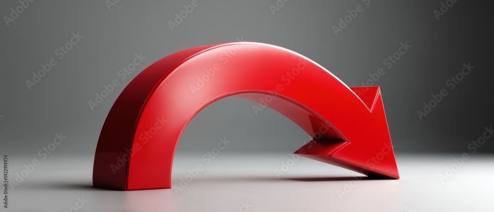 Poster bright red arrow arcing downward on a light gray gradient background symbolizing decline or failure 
