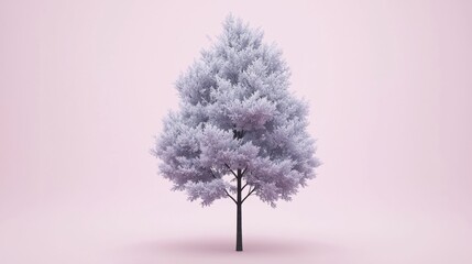 A solitary tree with a light purple hue stands against a soft pink backdrop.