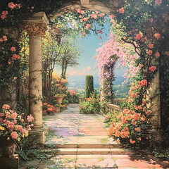 meticulously curated and purposeful splendor of a garden, unveiling masterful orchestration of flora, blossoms, and architectural elements amidst a symphony of harmonious and deliberate scenery meticu
