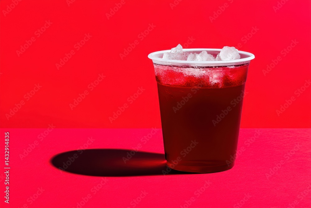 Poster refreshing red drink with ice cubes in a plastic cup against a vibrant red background creating a coo