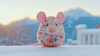 A vibrant mouse against a mountain sunrise, freedom business backdrop, ad layout