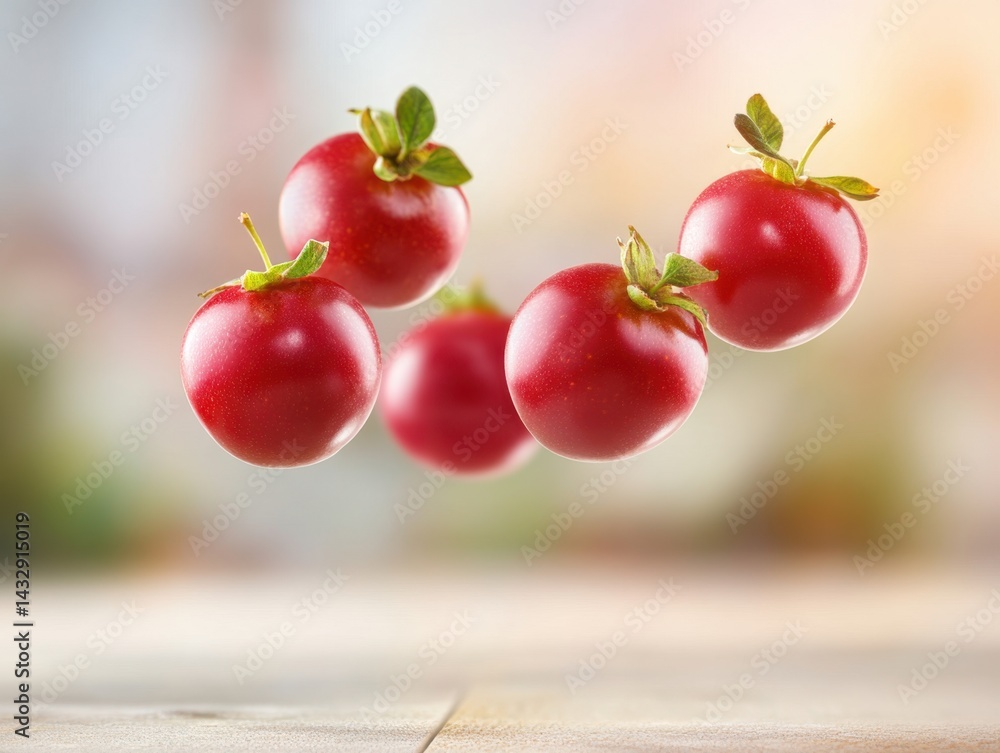 Poster captivating close up of shiny red cranberries floating against a soft bokeh background on a wooden s