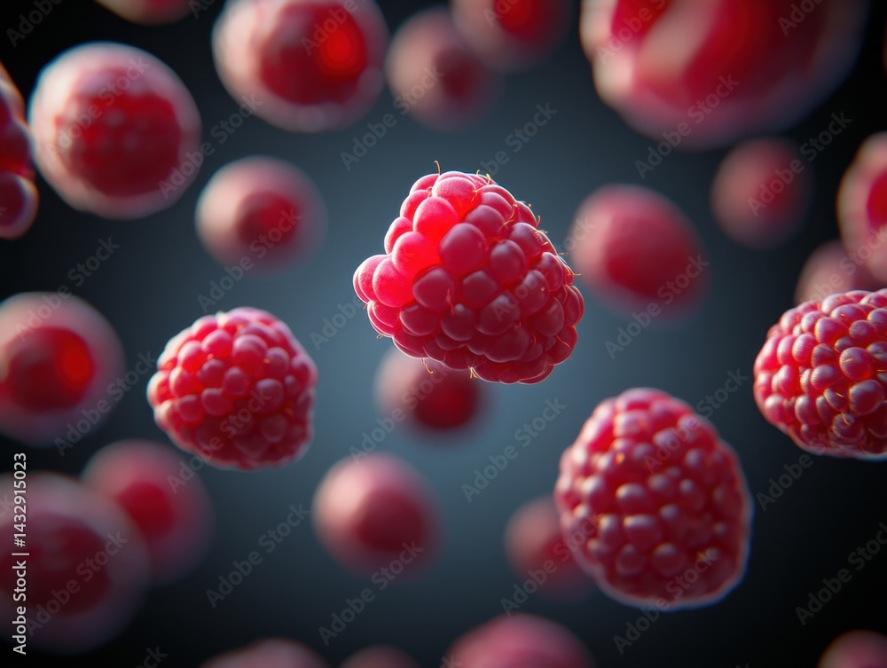 Poster close up shot of vibrant raspberries floating against a dark background with shallow depth of field 