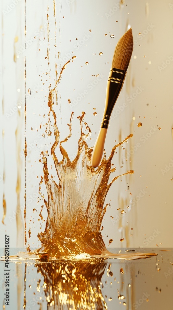 Poster a paintbrush splashes into golden liquid, creating dynamic art and creativity.