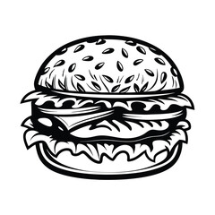 Simple Black and White Burger with Lettuce and Cheese Icon Design Delicious Food