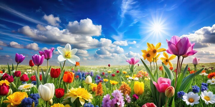 Colorful spring flowers blooming in a lush green meadow with a clear blue sky and fluffy white clouds, spring, sunny, spring