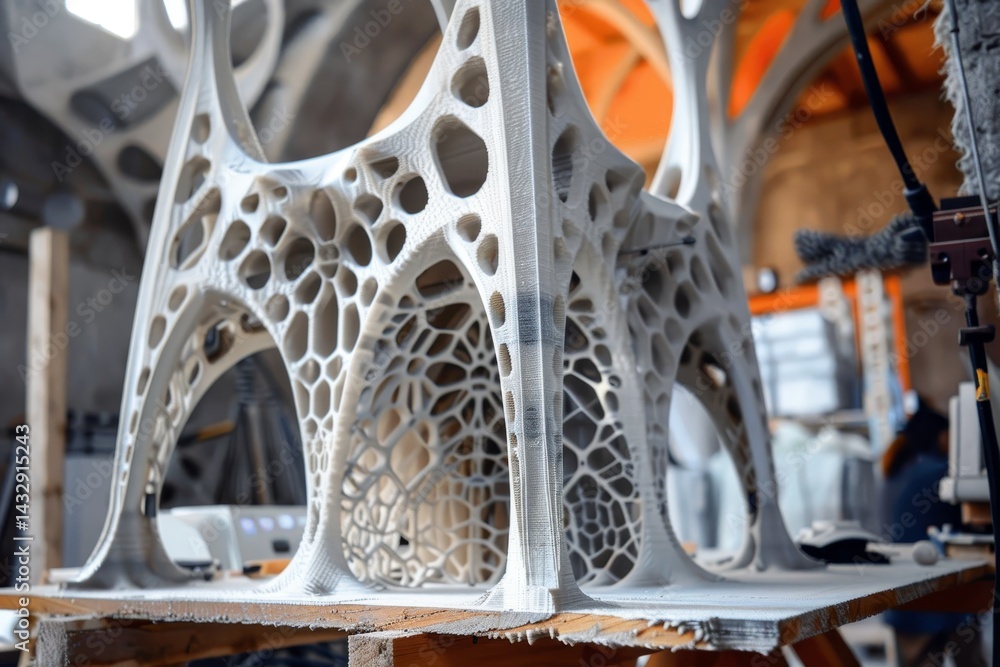 Poster close-up of a 3d printed structure, highlighting intricate details and complex geometries made possi