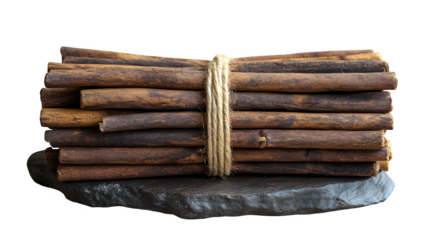 Bundle of cinnamon sticks tied together, rustic look, isolated on white background