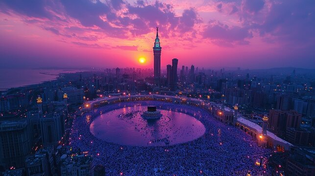 Sunset over Mecca: A breathtaking aerial view of the Grand Mosque during twilight, showcasing the majestic Abraj Al-Bait Clock Tower and the vast congregation of pilgrims.