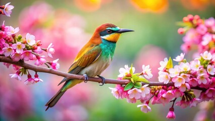 Obraz premium Bird Perched on Colorful Branch, flowers, nature