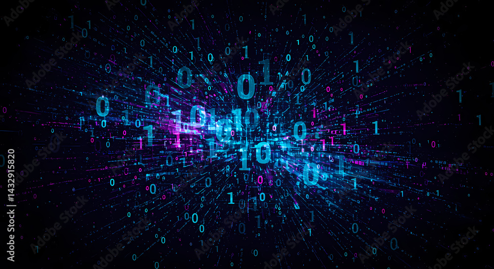 Poster Abstract Digital Data Stream Glowing Binary Code in Cyberspace