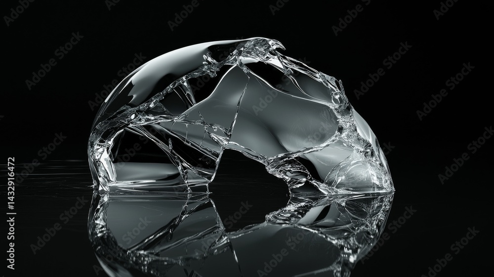 Poster a shattered glass sculpture reflecting light and creating intricate patterns.