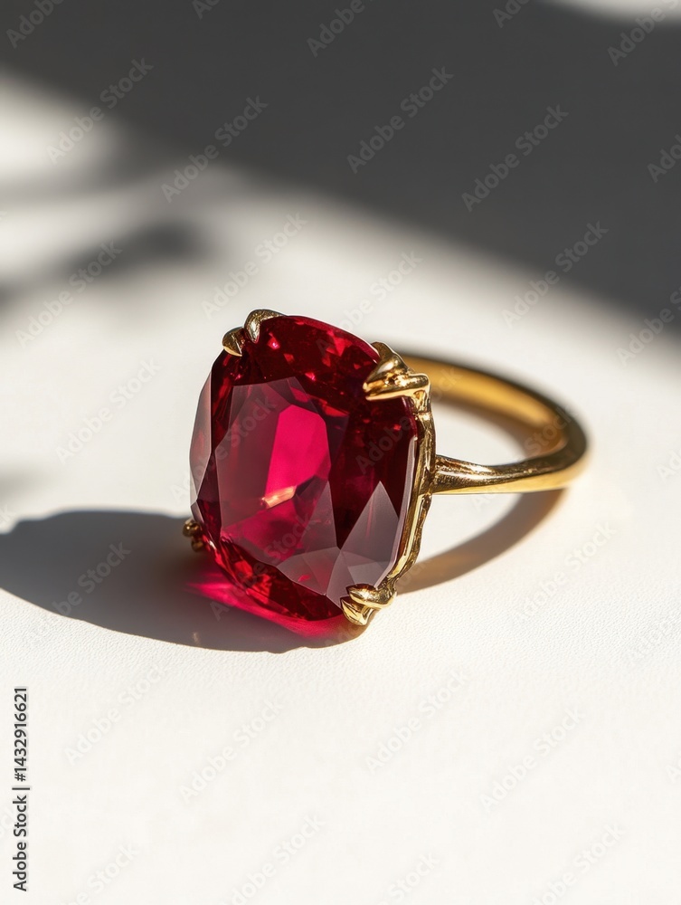 Poster luxurious ruby ring in golden setting casting shadows on white surface with elegant design and vibra