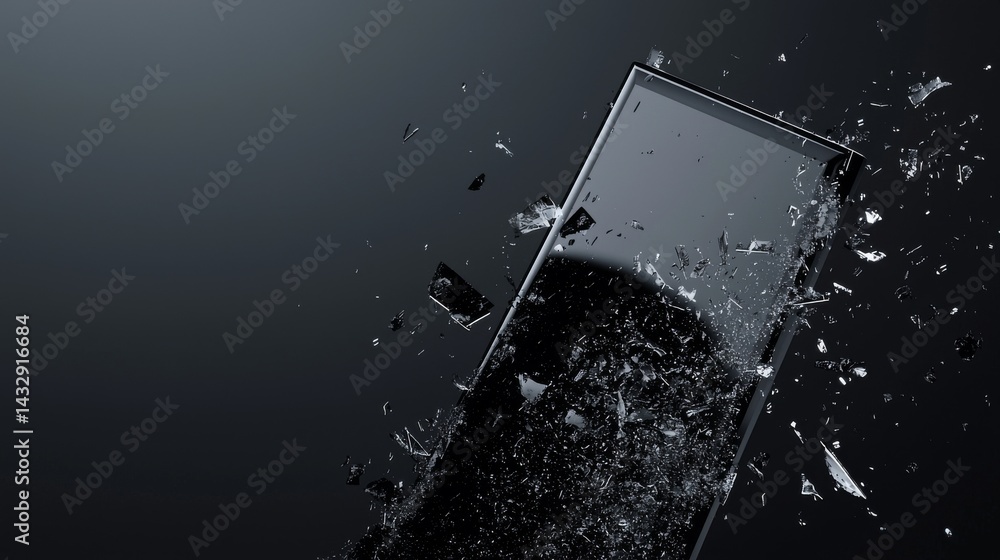 Poster a shattered smartphone screen with fragments exploding in a dark background.