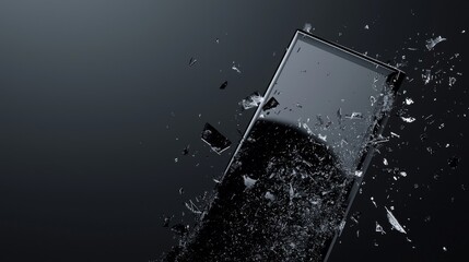 A shattered smartphone screen with fragments exploding in a dark background.