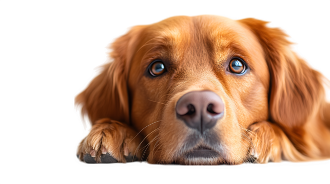 Dog sitting on floor with curious expression, isolated on white background
