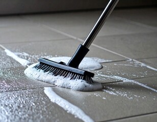 A close-up of a cleaning brush scrubbing a tiled floor with soapy foam, showcasing effective cleaning in action.